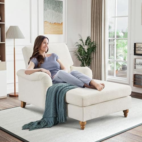Modern Indoor Chaise Lounge Chair with Adjustable Backrest and Sturdy Legs - White
