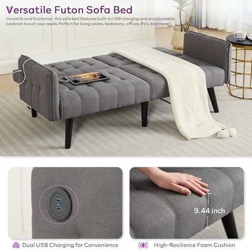 TYBOATLE 65" Convertible Futon Sofa Bed, Grey