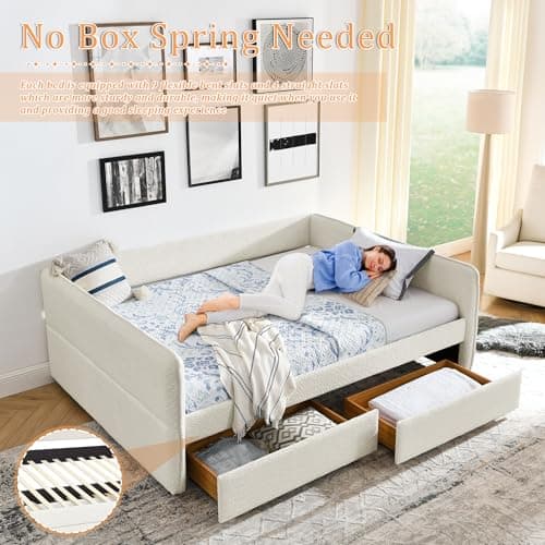 Queen Size Daybed with Storage Drawer, Upholstered in Boucle Fabric, Wood Slats Support, Beige