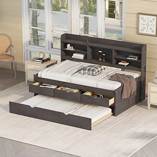 Upholstered Daybed with Trundle and Wood Slat Support, Gray
