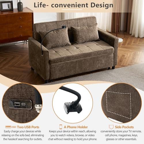 Merax 3-in-1 Convertible Couch with USB Ports, Brown | Sleeper Sofa Bed, Living Room Futon