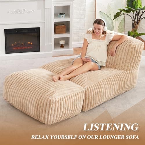 Hobestluk Large Bean Bag Lounger Chair with Memory Foam (Khaki)