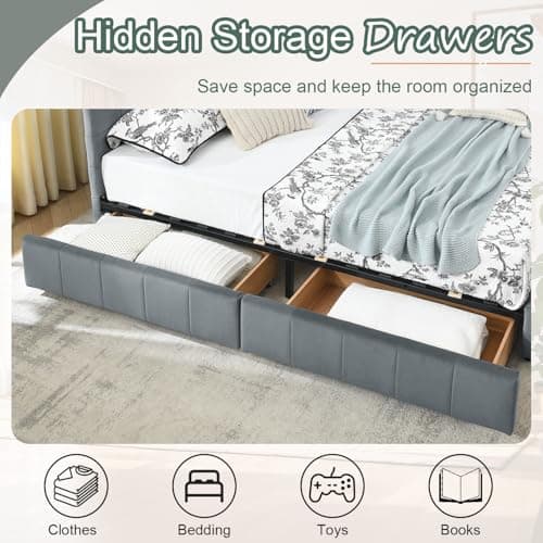 Antetek Modern Full Size Corner Tufted Velvet Day Bed with Storage Drawers, Grey