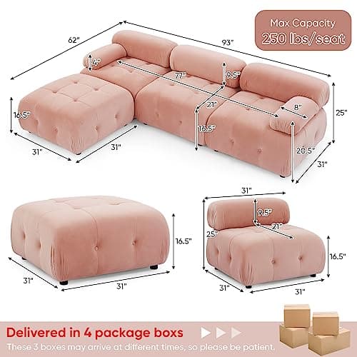 Antetek Modern Velvet L-Shaped 3-Seater Sofa with Movable Ottoman, 93-inch L Couch Furniture Set, Pink