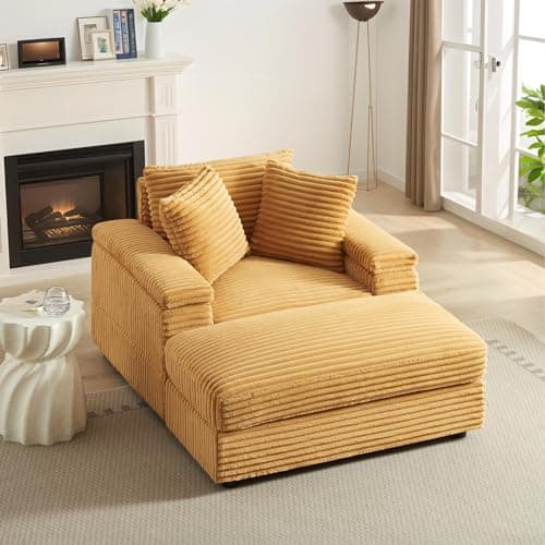 Upholstered Yellow Chaise Lounge Chair with Ottoman, 43.3" Corduroy Sectional