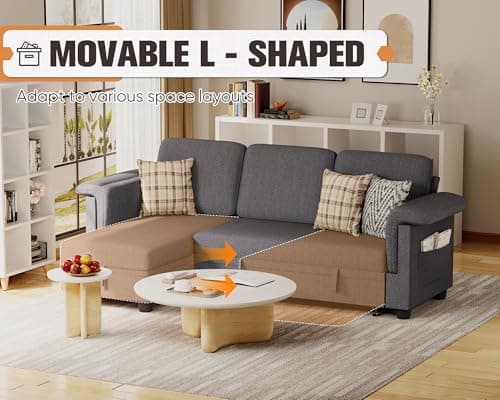 JUMMICO Grey Linen L-Shaped Sleeper Sofa with Storage