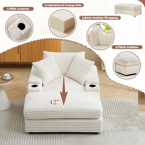 Modern Oversized Chaise Lounge Chair with Cup Holders for Living Room or Bedroom