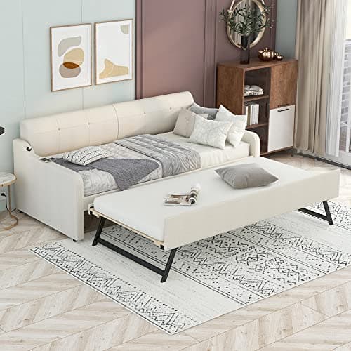 Bellemave Expandable Daybed with Trundle & USB Charging, Beige