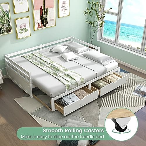 KOMFOTT Extendable Twin to King Daybed, White, with Storage Drawers
