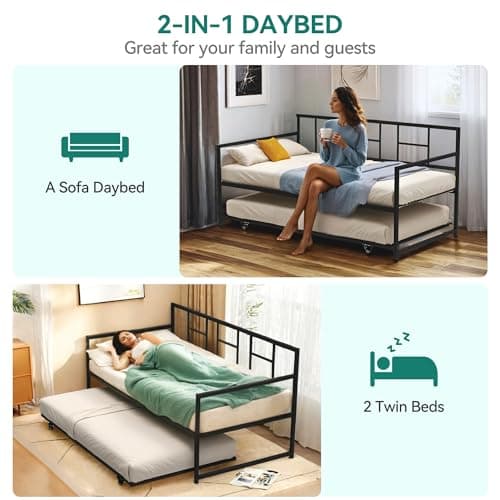 YITAHOME Black Twin Daybed with Trundle and Adjustable Height for Living and Guest Room sofa Couch with Steel Slat Support