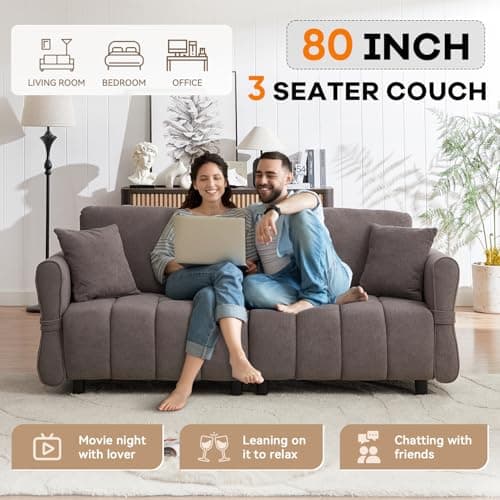 80-inch Grey Cloud Couch, Soft Chenille 3-Seater Sofa with Throw Pillows