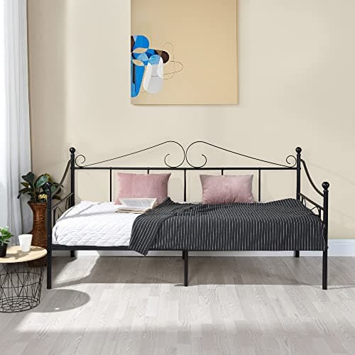 Black Metal Twin Daybed Frame with Headboard, Mattress Support for Living Room Sofa Bed
