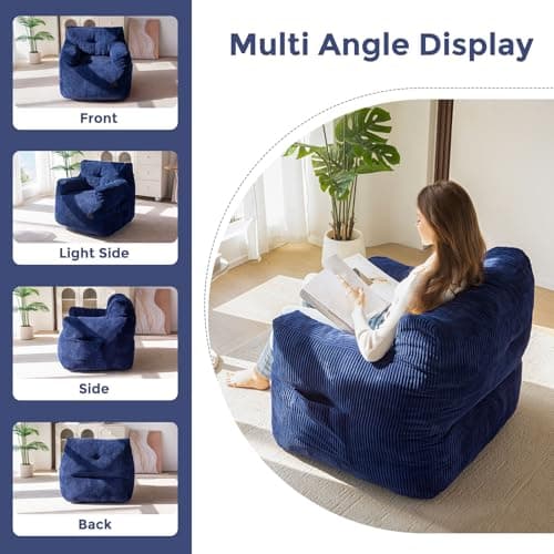 MAXYOYO Navy Tufted Bean Bag Chair with Filler for Living Room & Bedroom