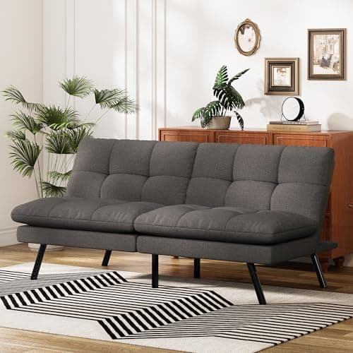 Black Faux Leather Futon Sofa Bed with Memory Foam & Adjustable Backrest