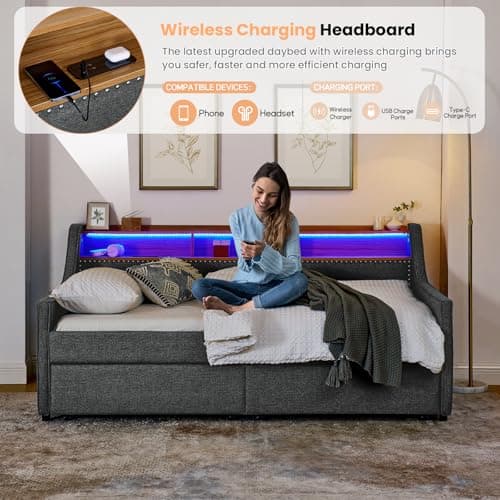 Antetek Dark Grey Daybed with Storage & Wireless Charger