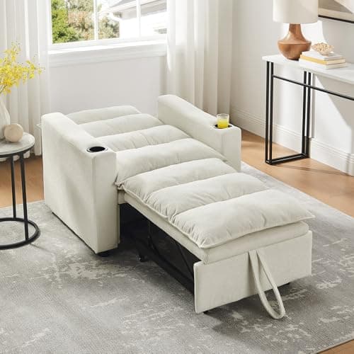 Beige 36-Inch 3-in-1 Pull Out Couch Sofa Bed with Velvet Backrest