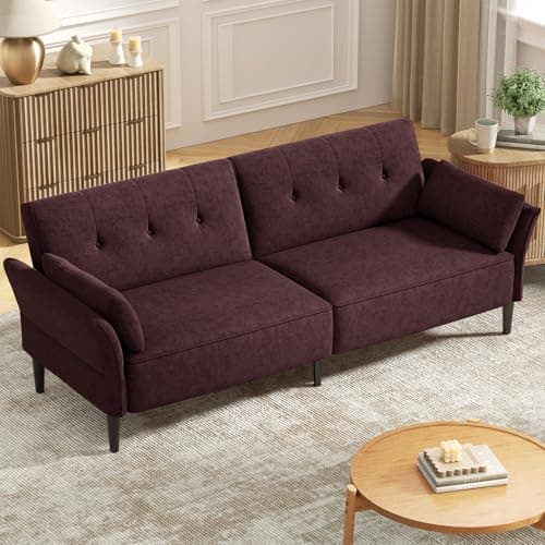 Modern 89 Velvet Futon Sofa Bed with Pillows - Beige Color
