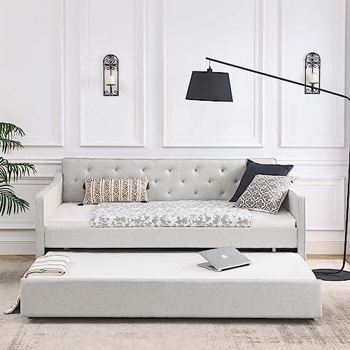 Antetek Beige Fabric Twin Daybed with Pull-Out Trundle & No Box Spring