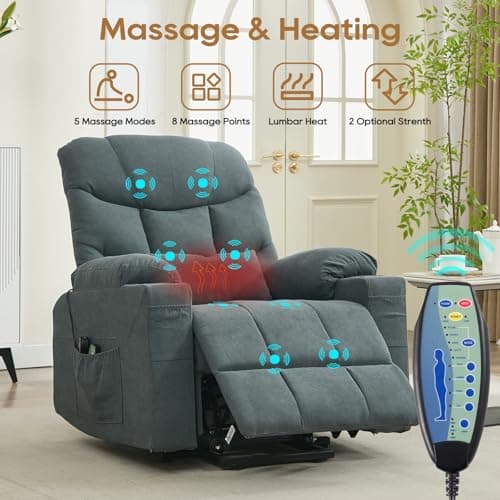 Blue Grey Vibrating Heat Massage Recliner Chair with Cup Holder