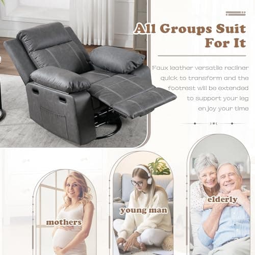 Rocking Recliner with Massage Heat, Faux Leather Nursery Chair - Grey