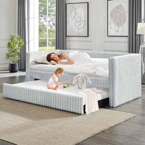Antetek Gray Striped Corduroy Twin Daybed with Trundle, Small Space Bedroom