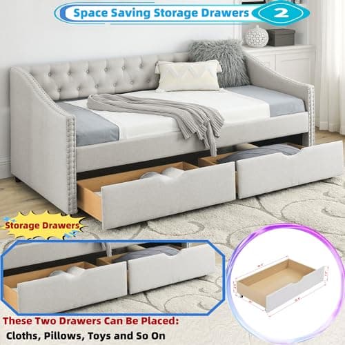 Upholstered Queen Size Daybed with Storage Drawers