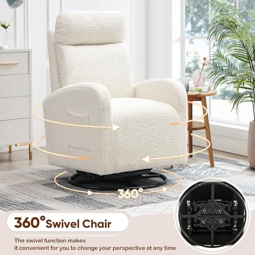 360° Swivel Glider Chair, Modern Ergonomic Boucle Upholstered Rocker with Side Pocket, Cream White