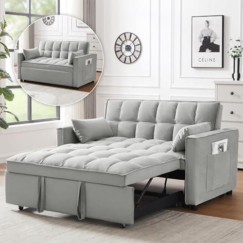 3 in 1 Convertible Sleeper Sofa Bed, Black Velvet Living Room Couch with Side Pocket | Adjustable Backrest