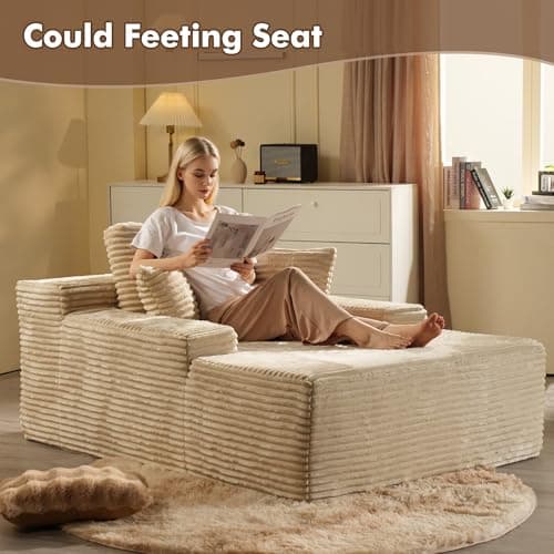 Beige Plush 48" Oversized Chaise Lounge Chair Bed with Throw Pillows