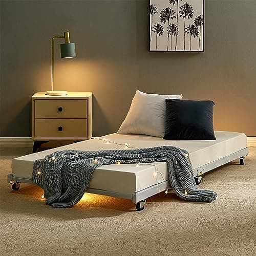 VECELO Twin Trundle Bed Frame with Lockable Casters & Enhanced Metal Support, White