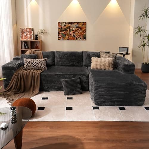 Ovios 104" L-Shape Chaise Cloud Sectional Sofa, Black (Corduroy Fabric)