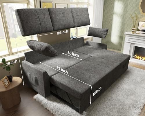 VanAcc 2 in 1 Sleeper Sofa Bed with Storage Chaise, Grey Linen