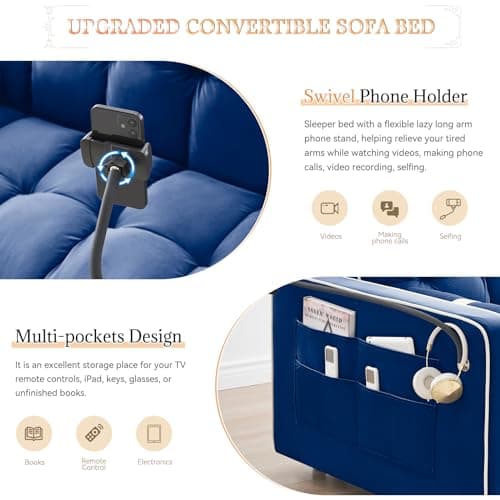 Antetek 3-in-1 Sleeper Sofa with Phone Holder, Blue Velvet Backrest