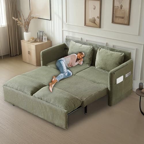 3-in-1 Corduroy Green Queen Sleeper Sofa Bed with Side Pockets