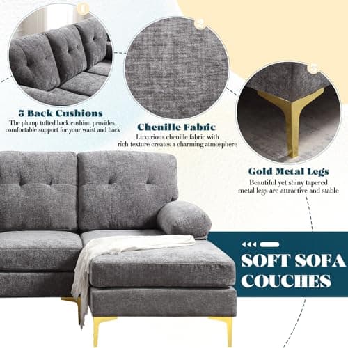 Antetek 80.7 L Shaped Chenille Sectional Sofa with Chaise Lounge, Modern Cloud Couch for Small Spaces in Grey
