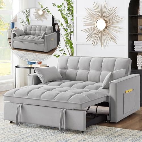Gray Velvet 3-in-1 Convertible Sleeper Sofa Bed with Armrests, Storage Pockets & 2 Pillows for Living Room, Apartment, Bedroom, or Office