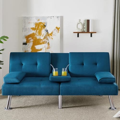 Yaheetech Aqua Blue Reversible Folding Sofa Bed with Removable Armrests