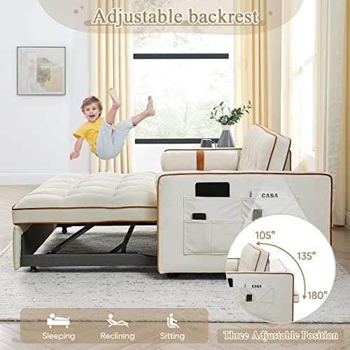 Convertible Sleeper Sofa Bed for Small Spaces with Adjustable Backrest - Beige