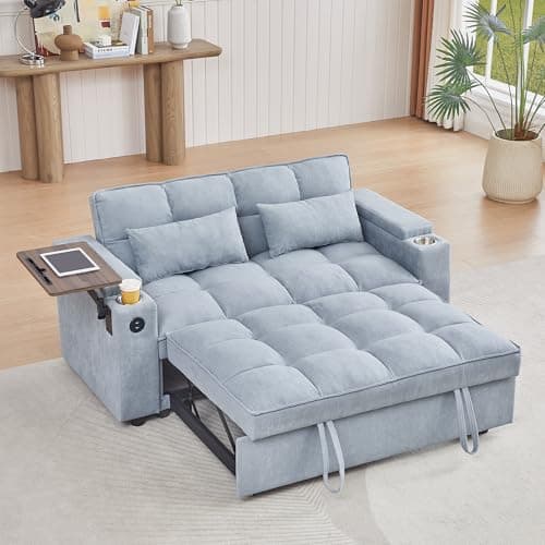 65" 3-in-1 Folding Sofa Bed, Chenille Fabric, 360° Swivel Table, Grey