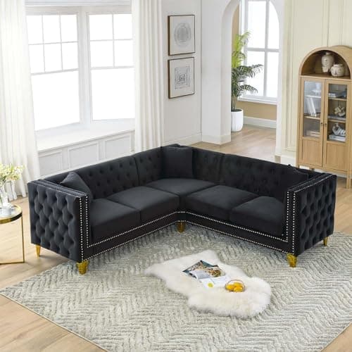 Modern Button Tufted Velvet L-Shaped Couch with Gold Nail Heads for Living Room