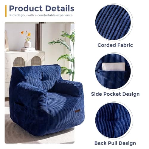 MAXYOYO Navy Tufted Bean Bag Chair with Filler for Living Room & Bedroom