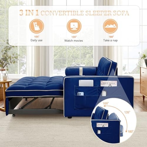 Antetek 3-in-1 Sleeper Sofa with Phone Holder, Blue Velvet Backrest