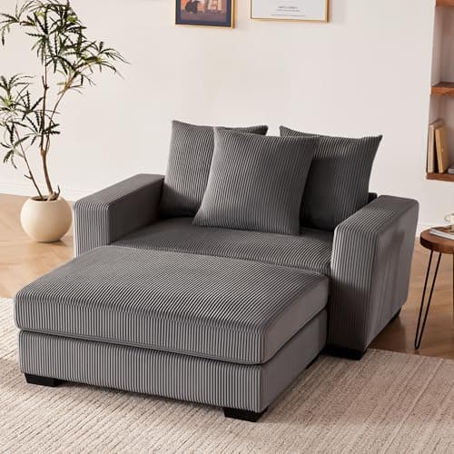 58.3" Comfortable Oversized Chaise Lounge, Solid Wood Recliner with Cushioned Seats & Wide Armrests, Grey