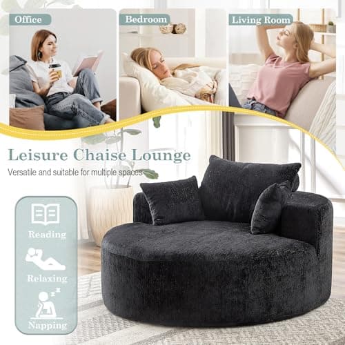 Modern Oversized Black Round Chaise Longue Chair for Living Room and Bedroom, 55-inch Upholstered Chenille Deep Seat Circle Single Cloud Lounge Floor Sofa Chair