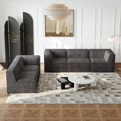 Antetek Oversized Sectional Couch, L-Shaped Modern Comfy Chenille Fabric Floor Foam Compression Modular Sectional Sofa, Couch and Loveseat Sets for Living Room Office, 5 Seater, Black