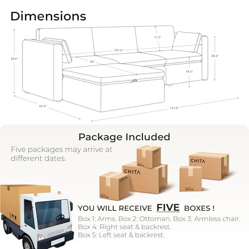 FSC Certified Chita L-Shaped Sofa, 112" Wide, 4 Seat Modular with Storage Ottoman, Linen