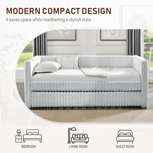 Antetek Gray Striped Corduroy Twin Daybed with Trundle, Small Space Bedroom