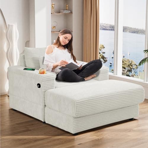 Oversized Corduroy Chaise Longue with Ottoman and USB Ports - Beige White Indoor Reclining Chair for Living Room.
