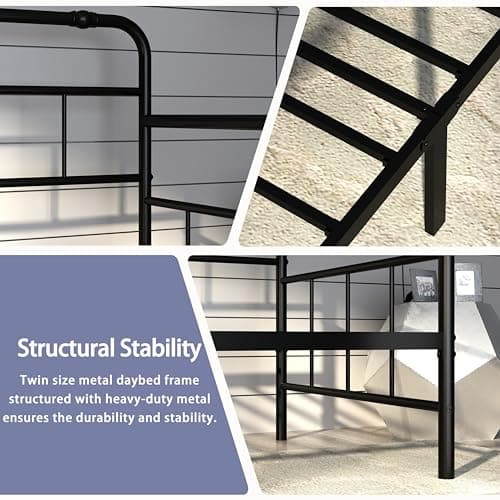Black Metal Twin Size Daybed with Headboard, Heavy Duty Steel Slats, No Box Spring Needed, Easy Assembly