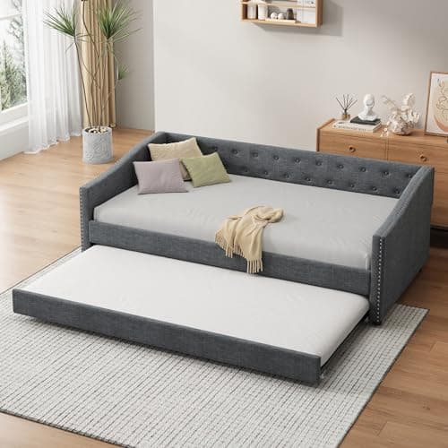 Dark Grey Nailhead Decorated Twin Daybed with Button Tufted Backrest and Wood Slat Support